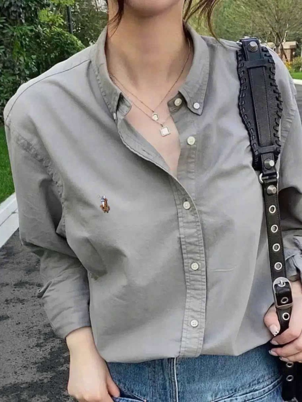 Embroidered Logo Button-Up Shirt in Olive Gray